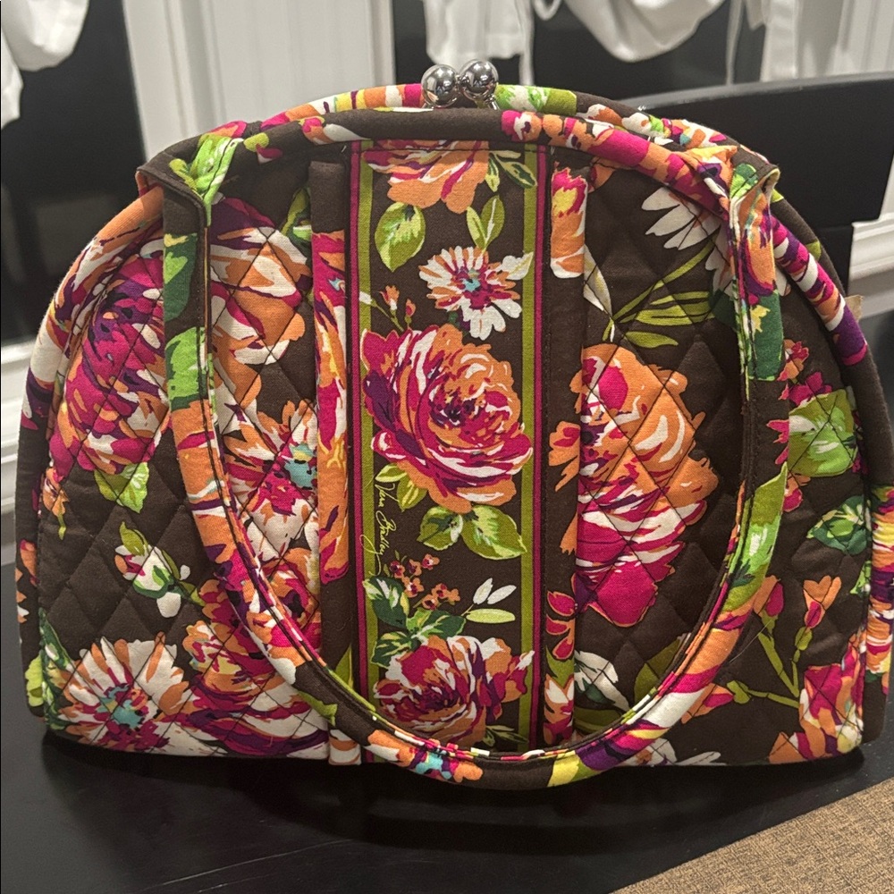 VERA BRADLEY Large Bowler Kisslock Satchel Mod Floral Pink Brown-Retired Pattern - Picture 7 of 14